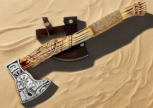 KBS Knives Norse Axe with Custom Handmade Forged 1095 Steel Blade and Hand Engraved Ash Wood Handle – Odin’s Edge
