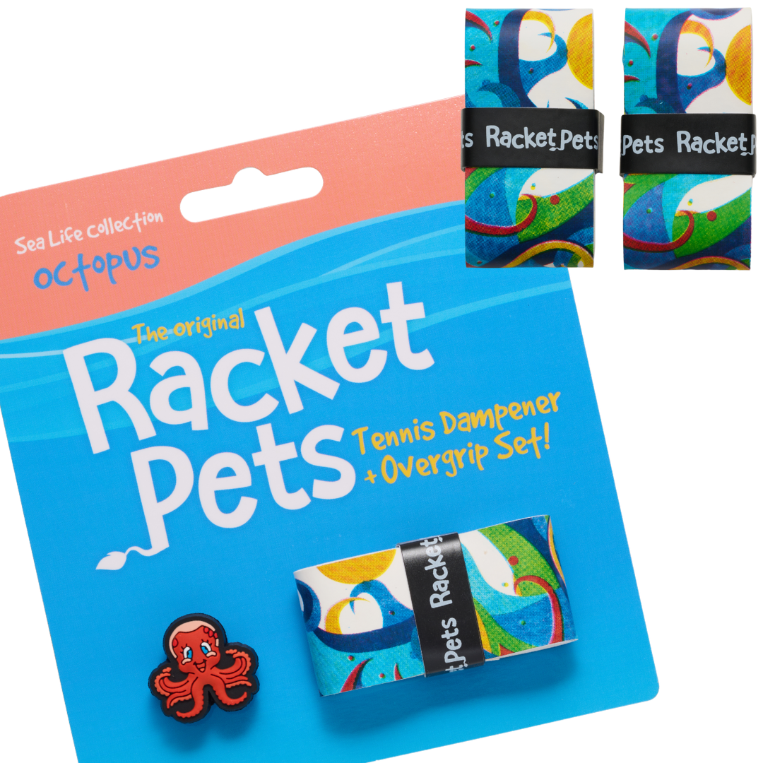 Racket Pets VALUE PACK - A Orange Octopus Racket Pet Tennis Dampener and Blue Overgrip Tape with a (Pack of 2) Replacement Overgrip Tape