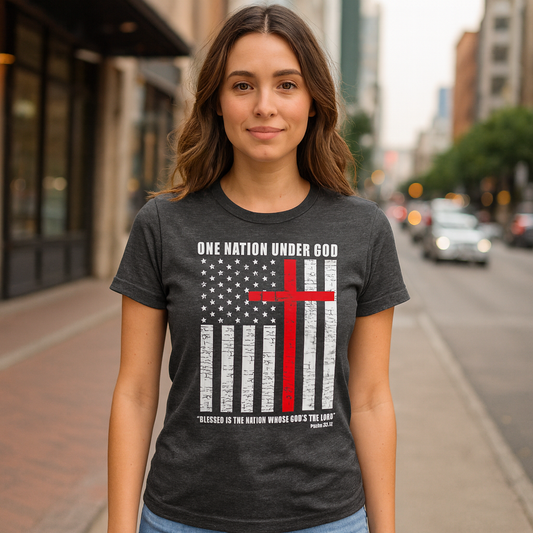 Steadfast American One Nation Under God Patriotic Cross Flag T-Shirt • Christian Flag Tee American Faith Apparel