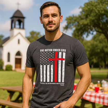 Steadfast American One Nation Under God Patriotic Cross Flag T-Shirt • Christian Flag Tee American Faith Apparel