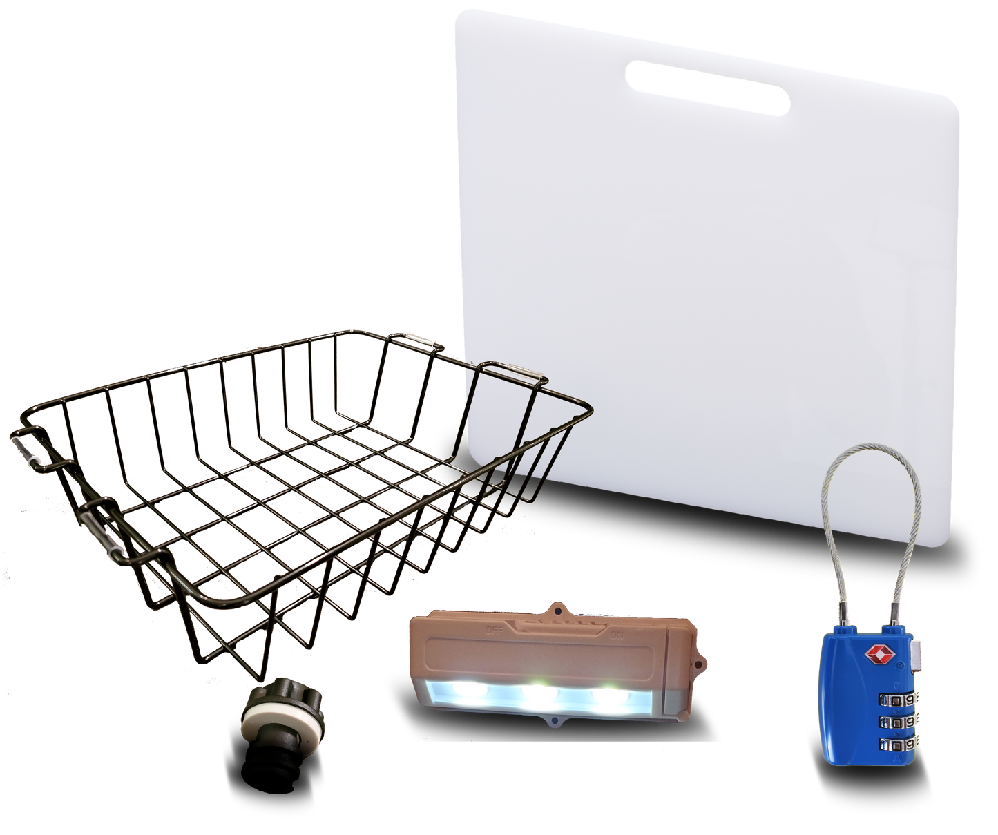 Caddis Sports Accessory Kit - Divider/Cutting Board, Basket, Lock, Light, & Plug for Coolers