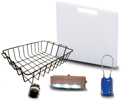Caddis Sports Accessory Kit - Divider/Cutting Board, Basket, Lock, Light, & Plug for Coolers