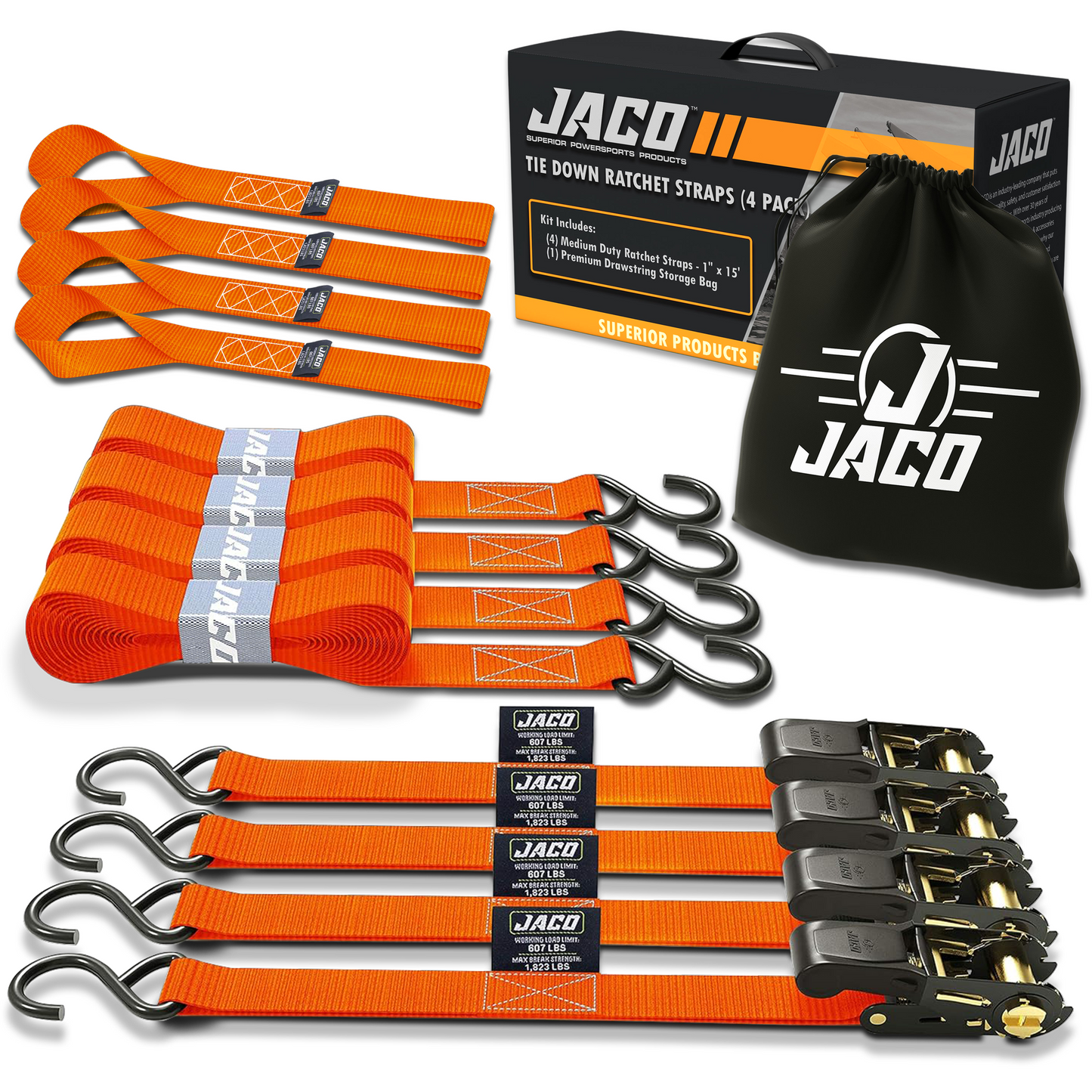 Jaco Tie Down Ratchet Straps (4 Pack) - 1 in x 15 ft | AAR Certified Break Strength (1,823 lbs) | Cargo Tie Down Set