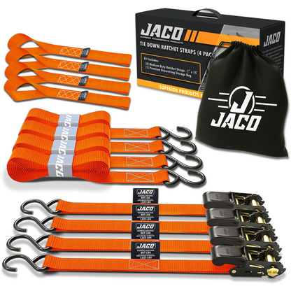 Jaco Tie Down Ratchet Straps (4 Pack) - 1 in x 15 ft | AAR Certified Break Strength (1,823 lbs) | Cargo Tie Down Set