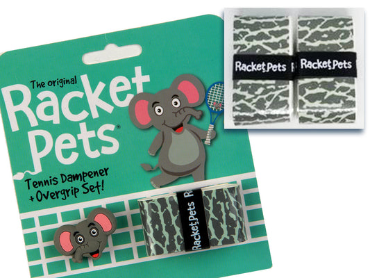 Racket Pets VALUE PACK - A Gray Elephant Racket Pet Tennis Dampener and Overgrip Tape with a (Pack of 2) Replacement Overgrip Tape