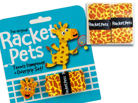 Racket Pets VALUE PACK - A Yellow Giraffe Racket Pet Tennis Dampener and Overgrip Tape with a (Pack of 2) Replacement Overgrip Tape