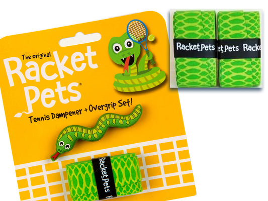 Racket Pets VALUE PACK - A Green Snake Racket Pet Tennis Dampener and Overgrip Tape with a (Pack of 2) Replacement Overgrip Tape