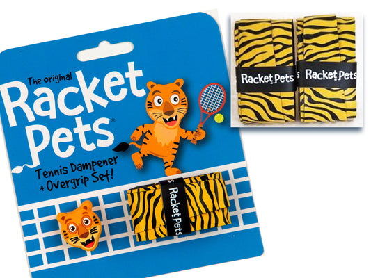 Racket Pets VALUE PACK - A Yellow Tiger Racket Pet Tennis Dampener and Overgrip Tape with a (Pack of 2) Replacement Overgrip Tape