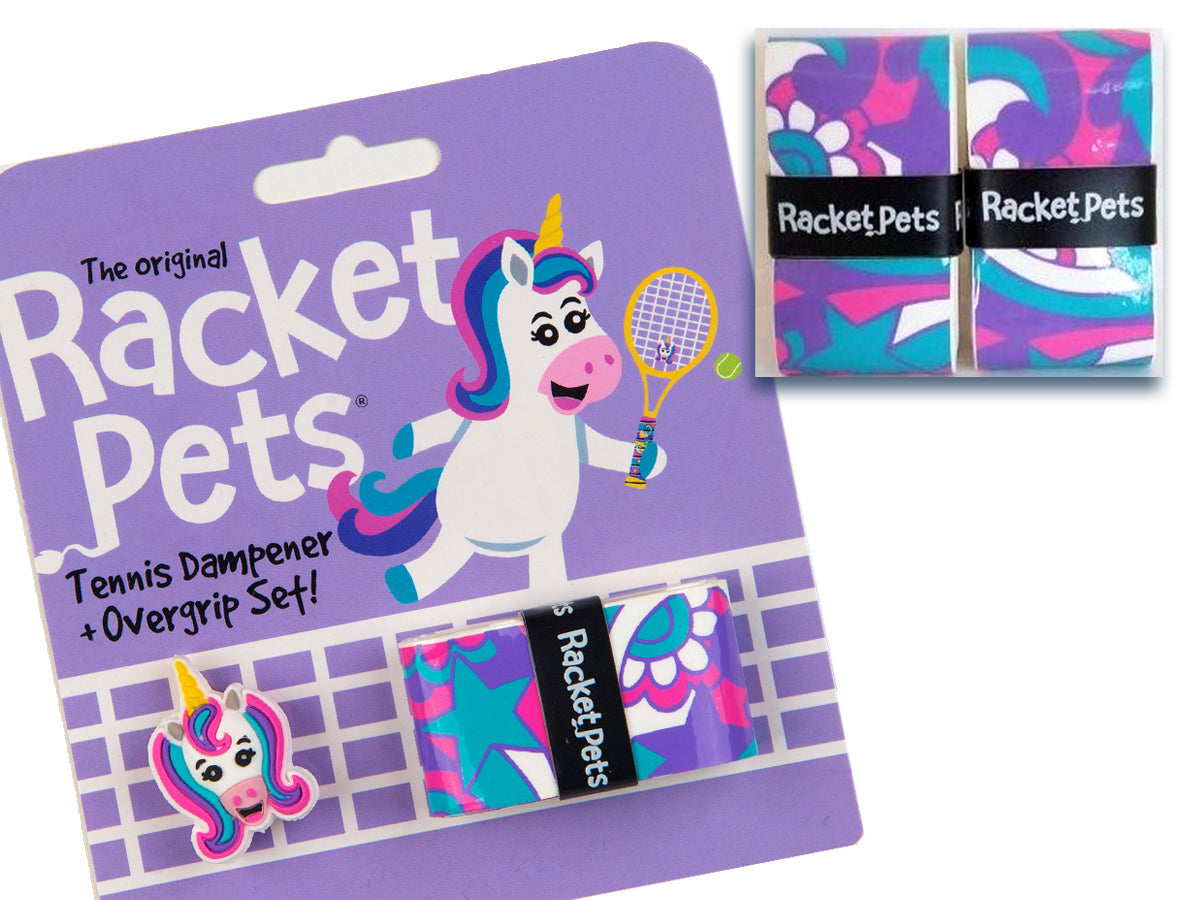 Racket Pets VALUE PACK - A Pink and Purple Unicorn Racket Pet Tennis Dampener and Overgrip Tape with a (Pack of 2) Replacement Overgrip Tape