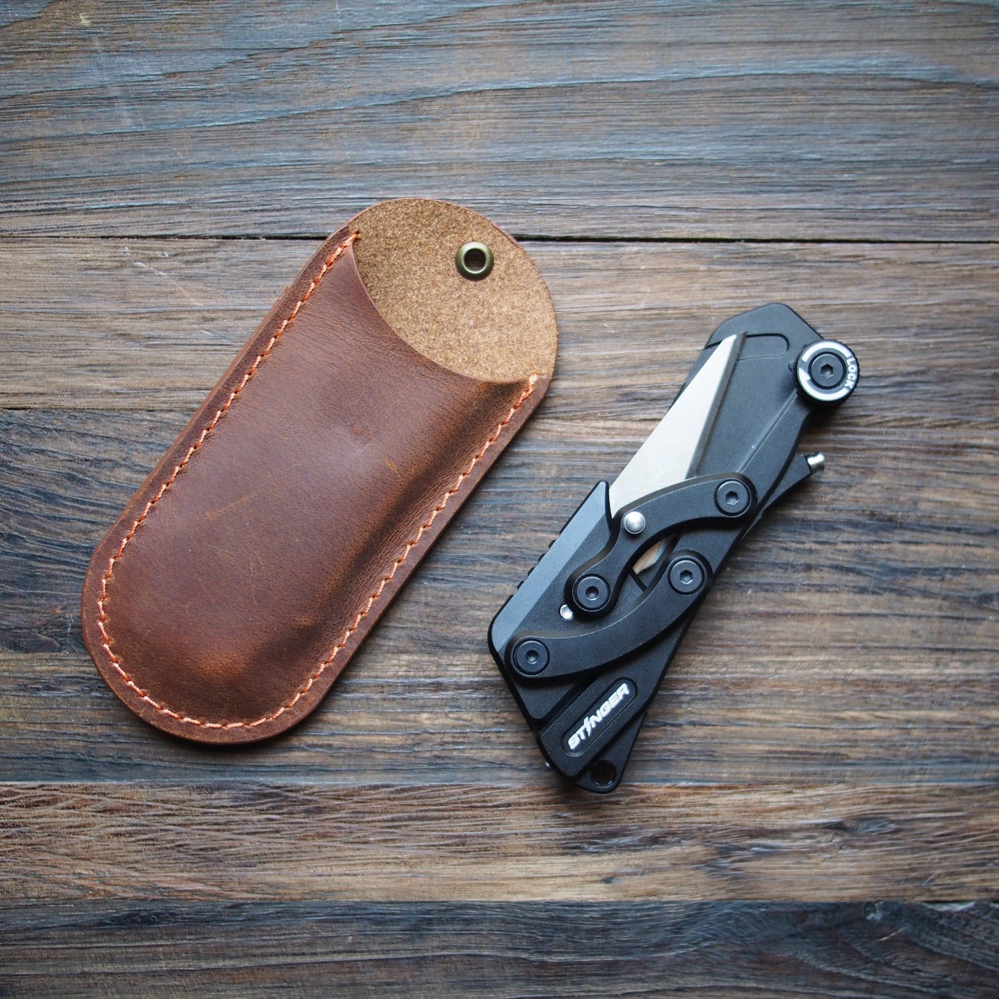 Stinger Survival Tools Olfa Evolution Edge with Leather Pouch, Folding Pocket Utility - Matte Black