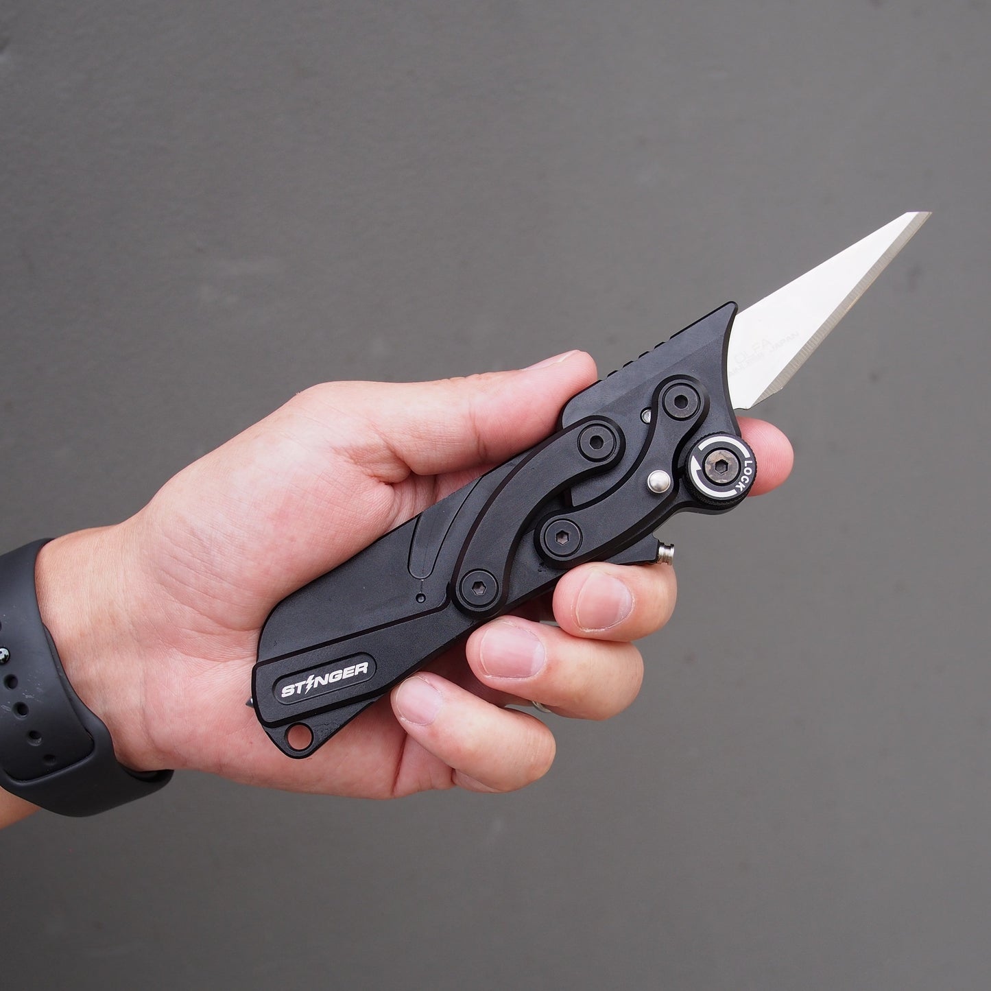 Stinger Survival Tools Olfa Evolution Edge with Leather Pouch, Folding Pocket Utility - Matte Black