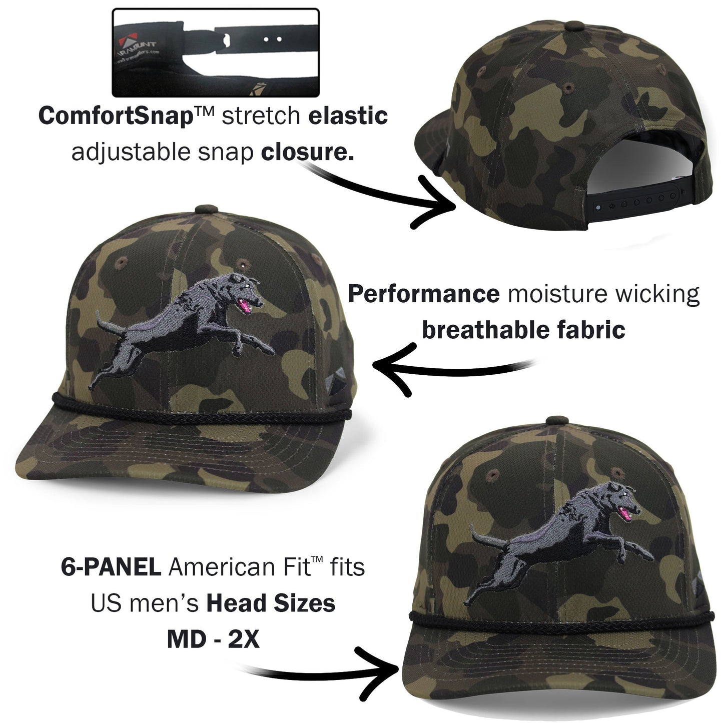 Paramount Outdoors Black Lab Performance Rope Cap on Dark Old School Camo