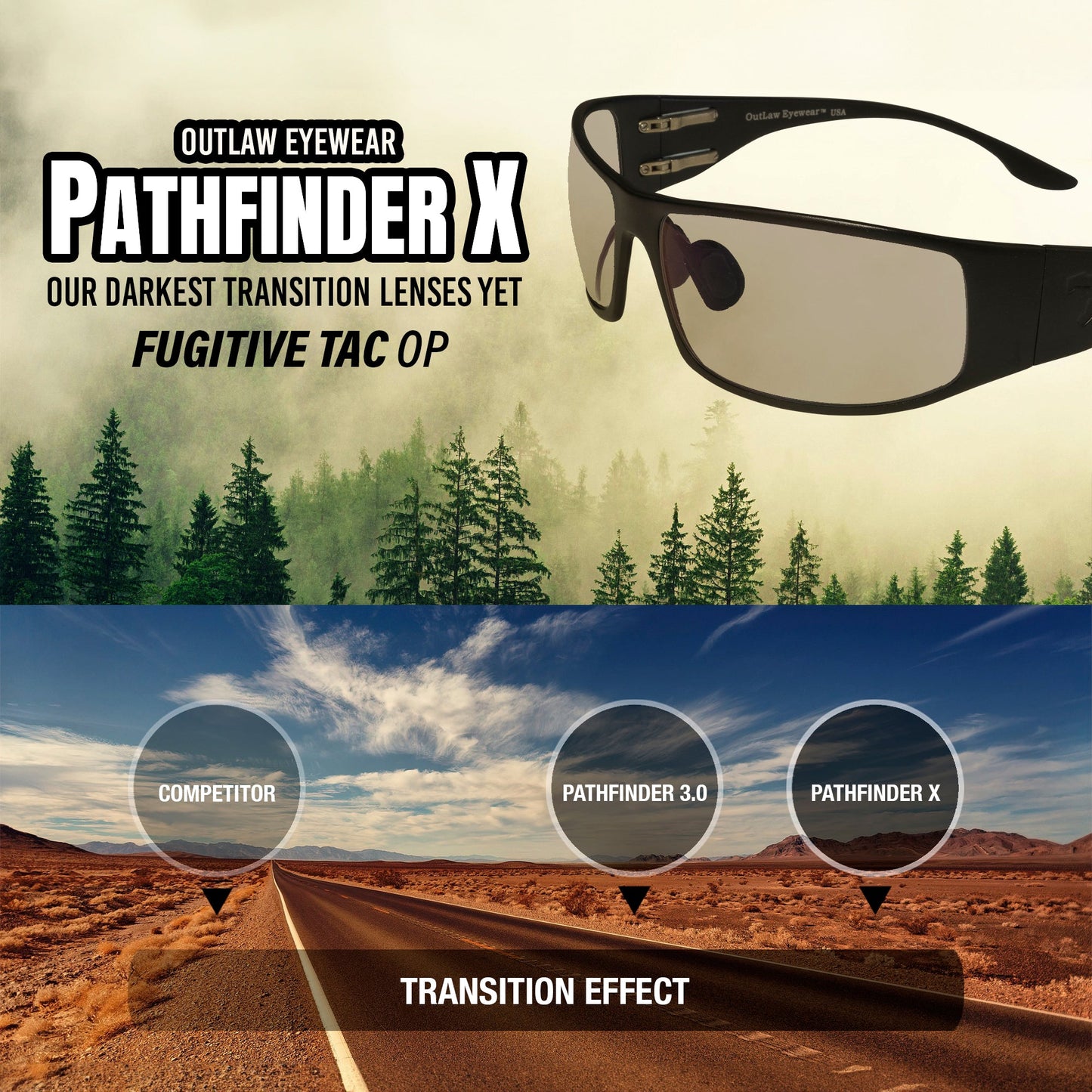 Outlaw Eyewear - Fugitive TAC Op Aluminum Sunglass Black Frame Transition Day-Night Pathfinder X Lens, with Multicam hat and Retaining cord