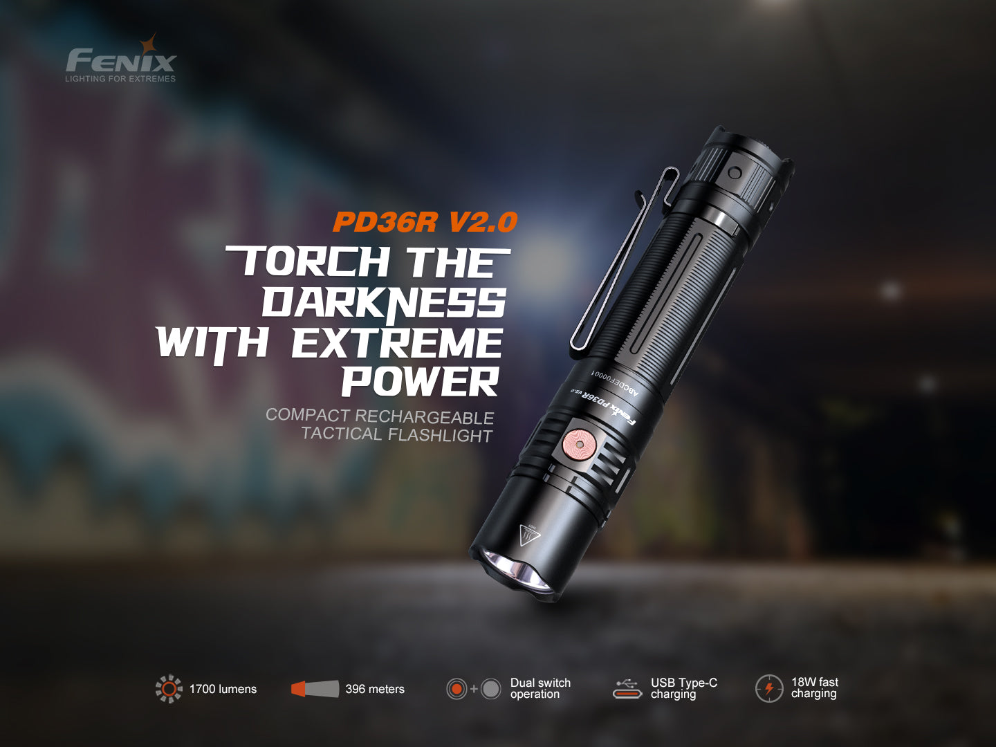 Fenix PD36R V2 Compact Rechargeable Tactical Flashlight - 1700 Lumens