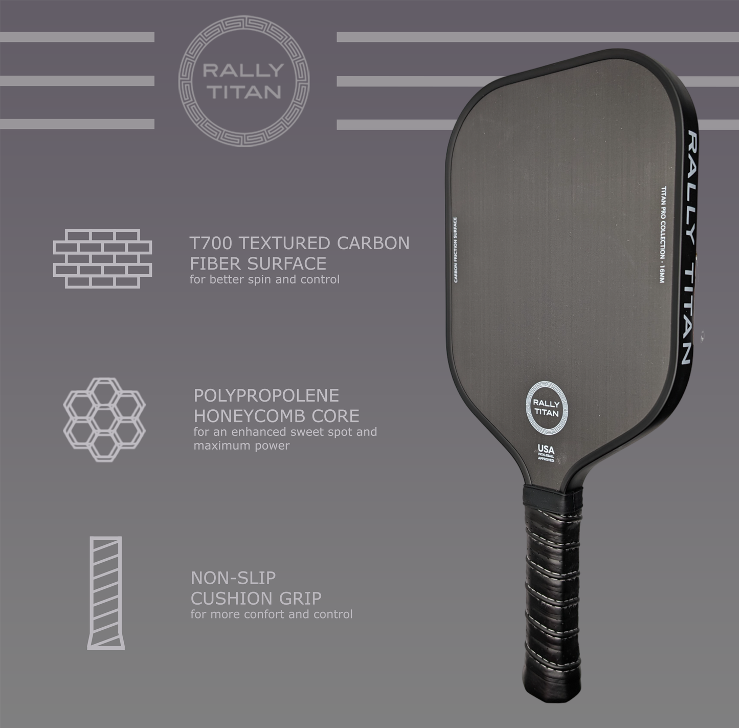Rally Titan Pickleball Titan Pro Control | 16MM | T700 Titan Carbon Friction Surface | Textured Surface | Black