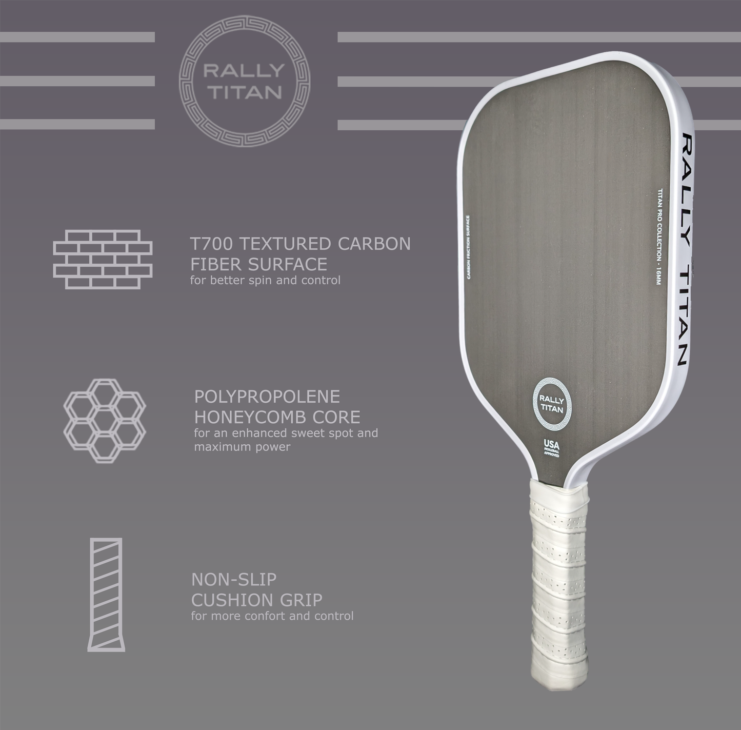 Rally Titan Pickleball Titan Pro Control | 16MM | T700 Titan Carbon Friction Surface | Textured Surface | White