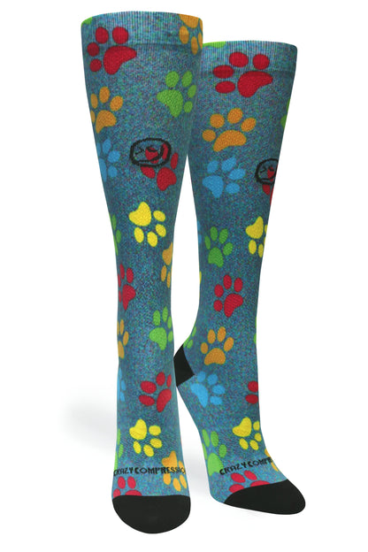Crazy Compression Paw Prints Station Blue - (Standard & Extra Wide)