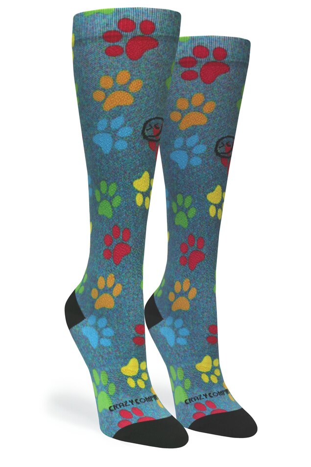 Crazy Compression Paw Prints Station Blue - (Standard & Extra Wide)