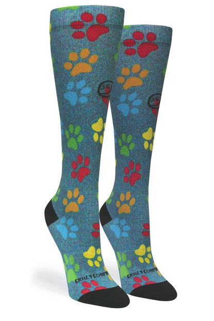 Crazy Compression Paw Prints Station Blue - (Standard & Extra Wide)