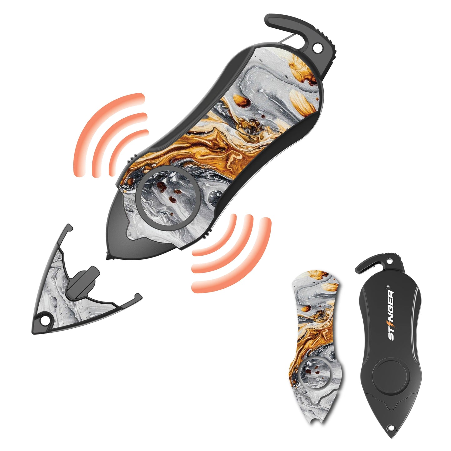 Stinger Survival Tools Personal Safety Alarm Keychain Emergency Tool: Siren Alarm, Seat Belt Cutter, Glass Breaker (Black Marble)