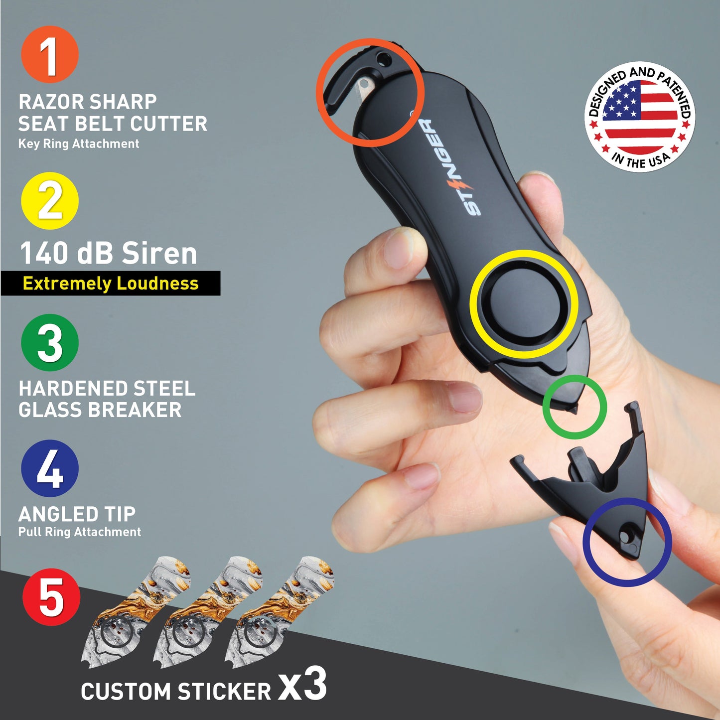 Stinger Survival Tools Personal Safety Alarm Keychain Emergency Tool: Siren Alarm, Seat Belt Cutter, Glass Breaker (Black Marble)
