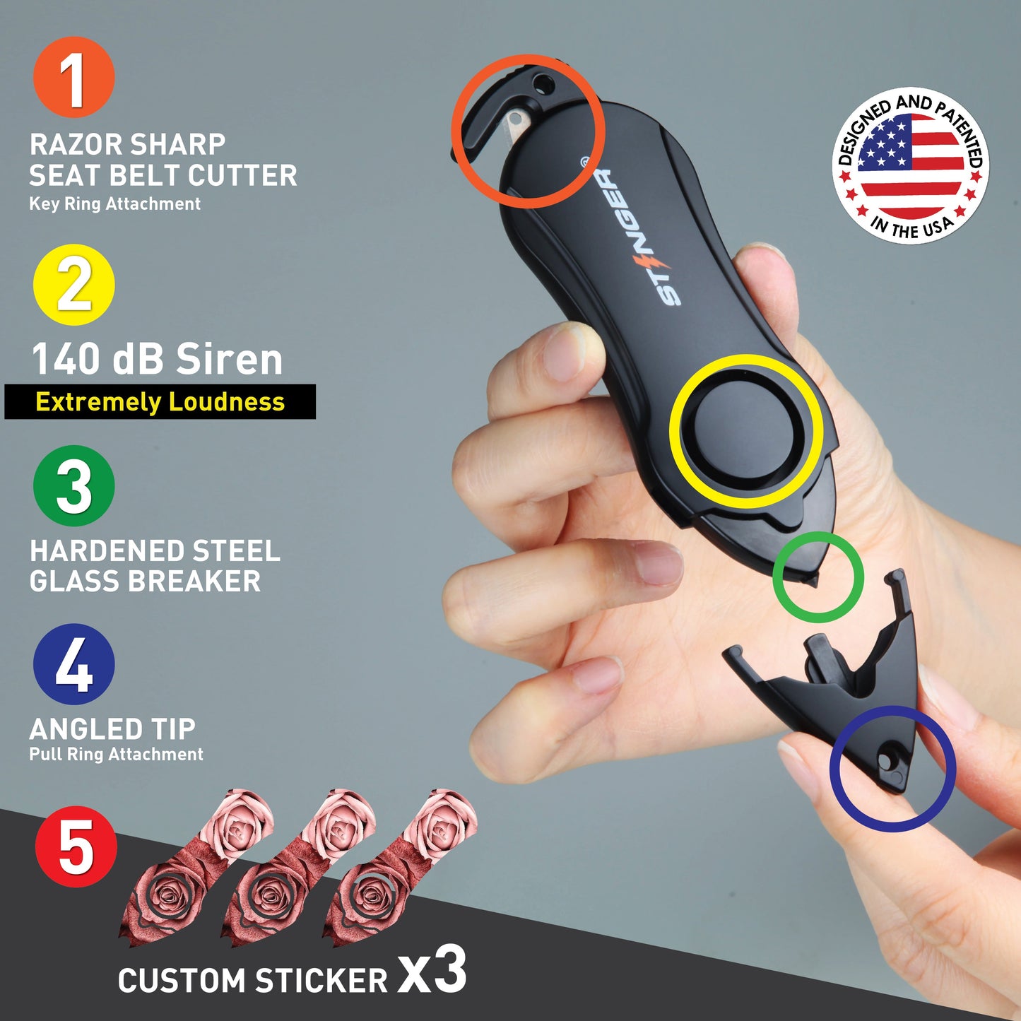 Stinger Survival Tools Personal Alarm Keychain Safety Emergency Tool  (Twin Rose)