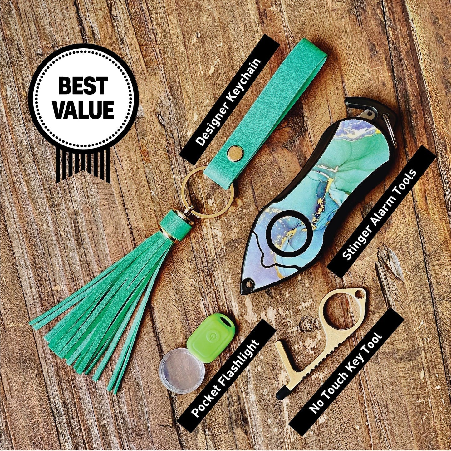 Stinger Survival Tools Personal Alarm Keychain Safety Emergency Tool (Green Marble)