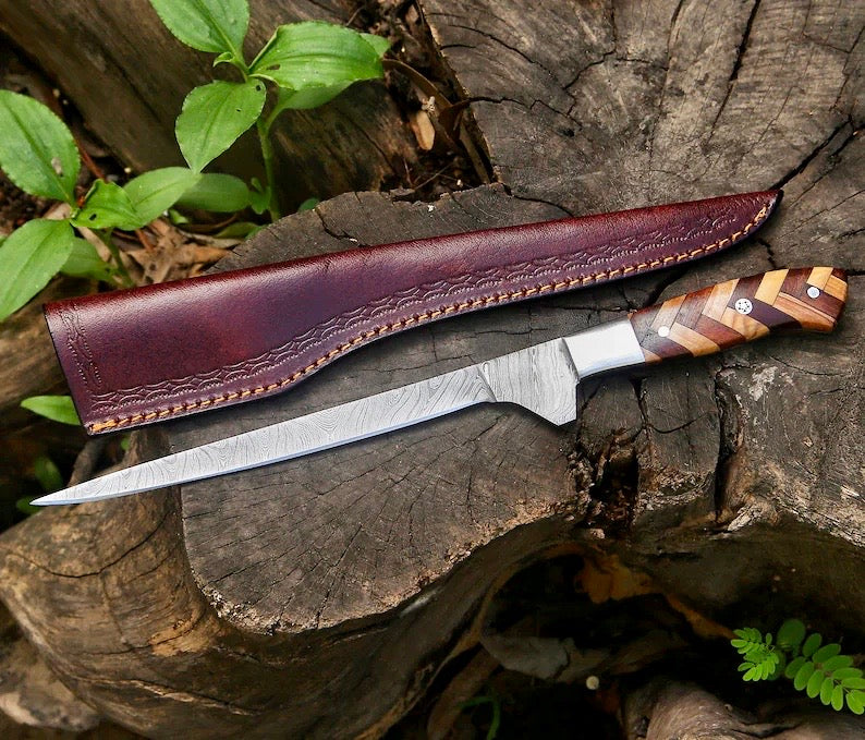 Texan Knives Handmade Damascus Fillet Knife 8” – Rosewood & Olive Wood Handle + Leather Sheath