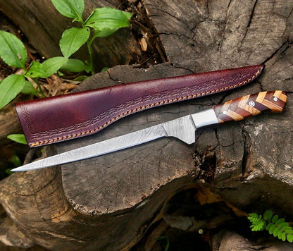 Texan Knives Handmade Damascus Fillet Knife 8” – Rosewood & Olive Wood Handle + Leather Sheath