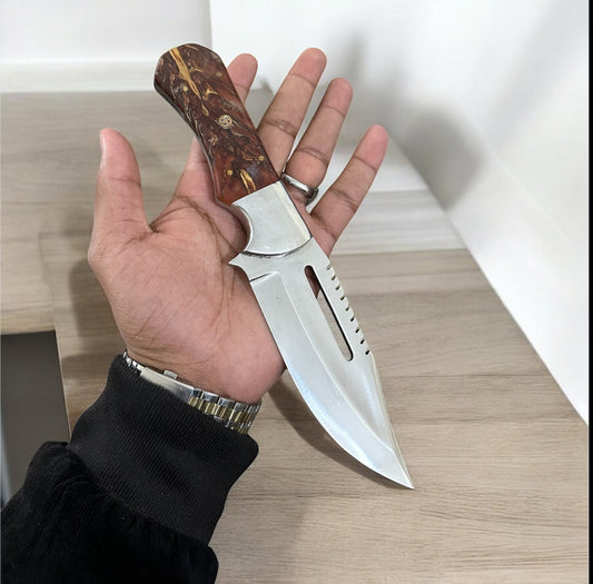 Texan Knives D2 Steel Hunting Knife with Pain Cone Handle, Steel Bolster, and Belt Loop Leather Case