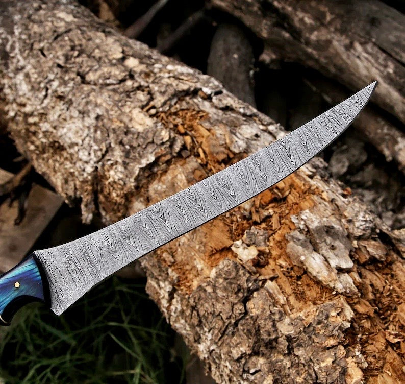 Texan Knives 🌿 Damascus Steel Boning & Fillet Knife – 13" Pakkawood Handle with Leather Sheath