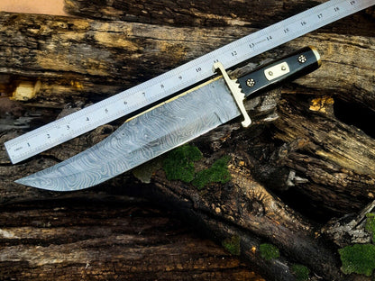 Texan Knives 13-Inch Damascus Steel Cowboy Bowie Knife with Buffalo Horn Handle & Leather Sheath – Perfect Gift for Knife Enthusiasts