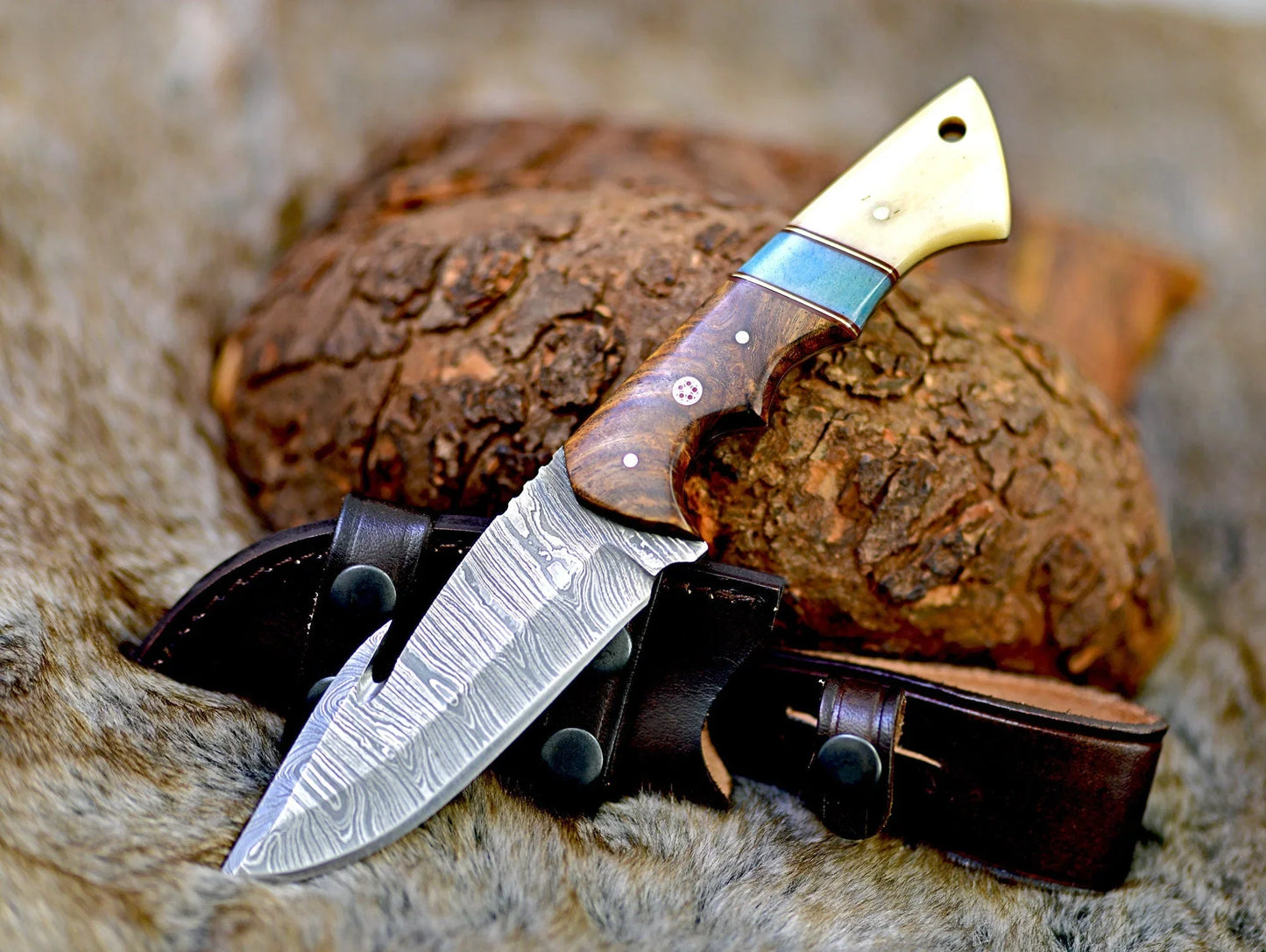 Texan Knives Premium Damascus Guthook Skinning Knife – Rosewood & Bone Handle – 10” Hunting Essential