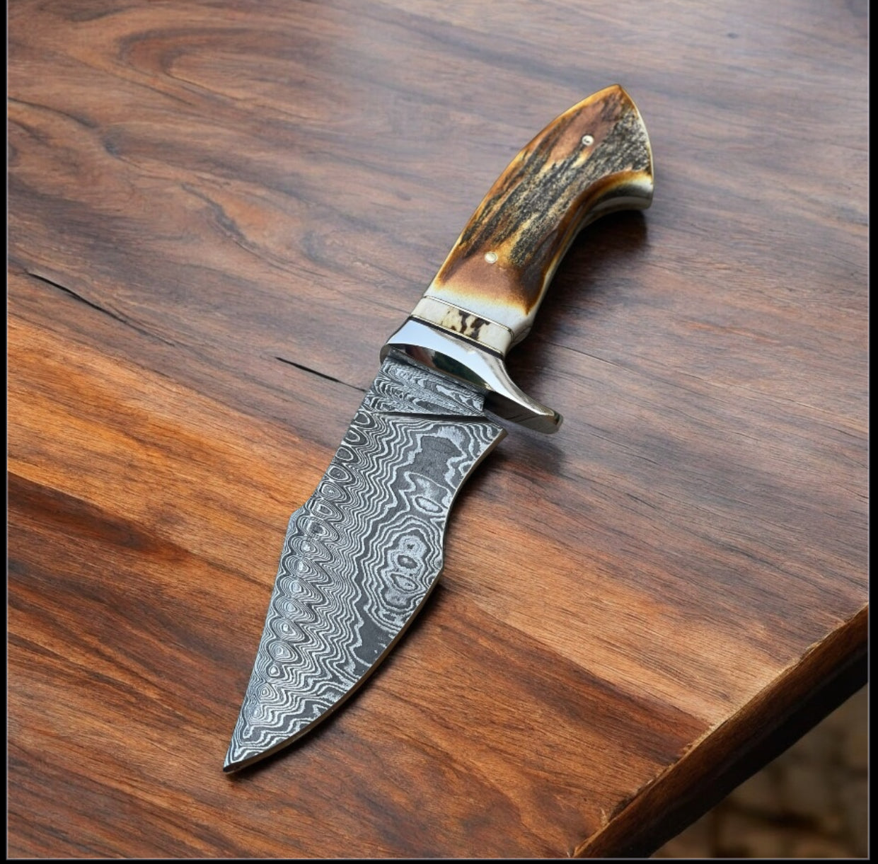 Texan Knives Premium Damascus Steel Hunting Knife with Stag Horn Handle – 10" Overall Length