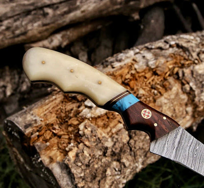 Texan Knives Fishing Fillet & Boning Knife – 13" Damascus Steel Blade with Camel Bone & Rosewood Handle + Leather Sheath