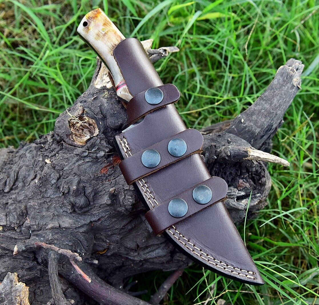 Texan Knives Custom Handmade Damascus Steel Skinner Knife with Sheep Horn Handle – 4.5" Blade