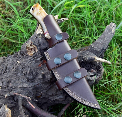 Texan Knives Custom Handmade Damascus Steel Skinner Knife with Sheep Horn Handle – 4.5" Blade