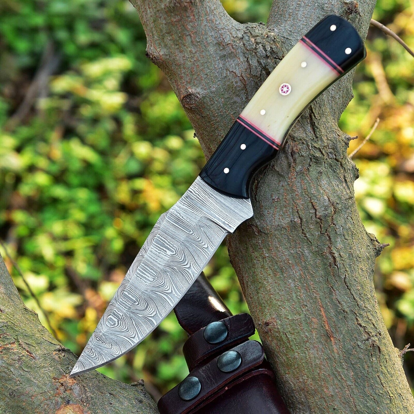 Texan Knives Custom Handmade Skinning Knife Set - 4.5" Damascus Blade, Camel Bone & Resin Handle