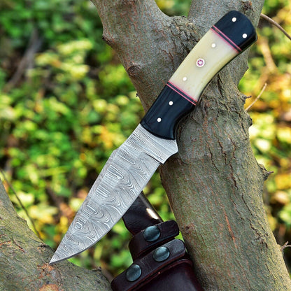 Texan Knives Custom Handmade Skinning Knife Set - 4.5" Damascus Blade, Camel Bone & Resin Handle