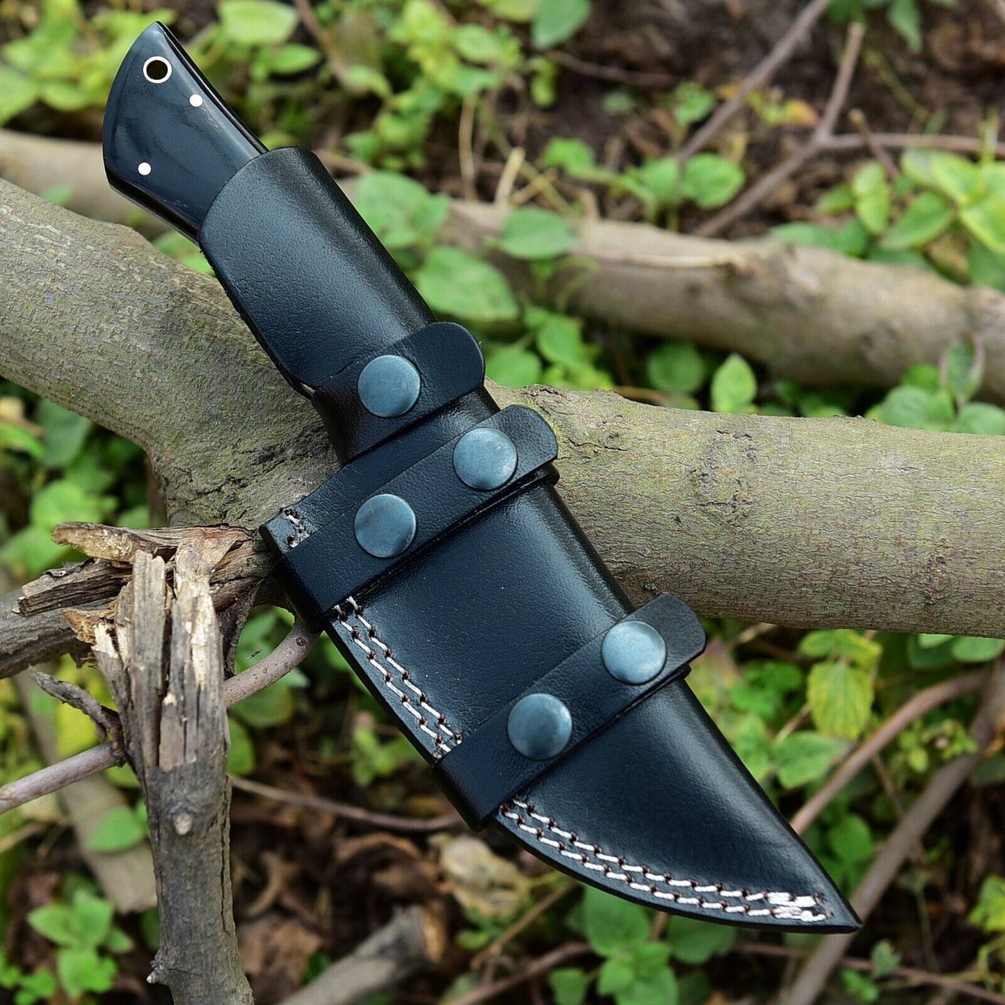 Texan Knives Custom Handmade Skinning Knife - Damascus Steel Blade, Buffalo Horn & Camel Bone Handle