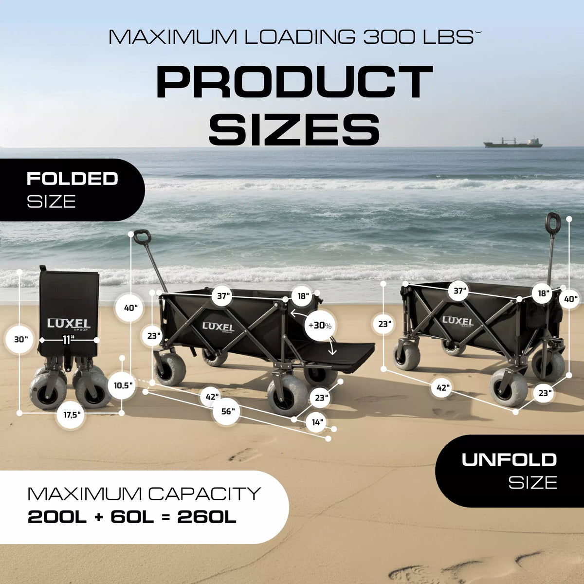Luxel Carts Beach Wagon Cart with Big Wheels – Foldable Utility Wagon Black
