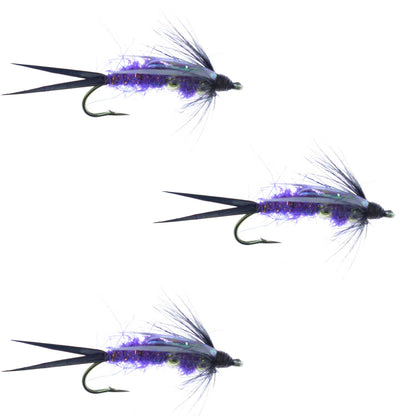 The Fly Fishing Place 3 Pack Double Bead Purple Psycho Prince Nymph Fly - Size 12