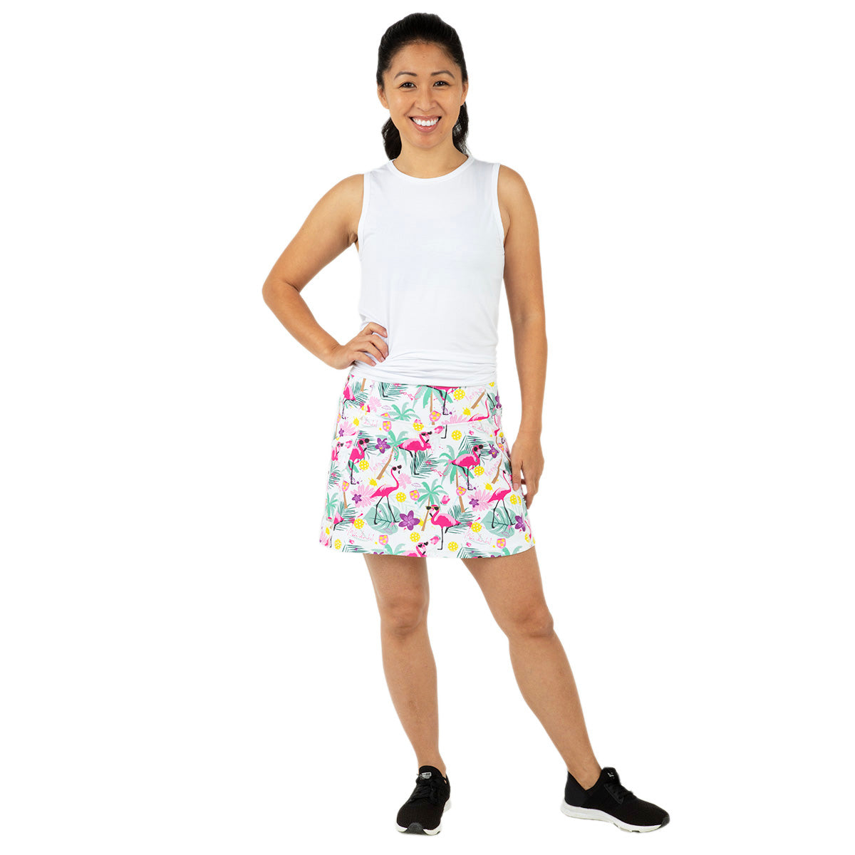 Queen of the Court White Pickleball and Flamingos Endurance 15" Skirt