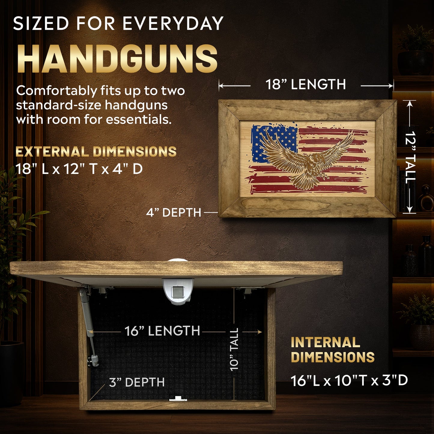 Bellewood Designs - Bald Eagle & American Flag Patriotic Decorative Wall-Mounted Secure Gun Cabinet