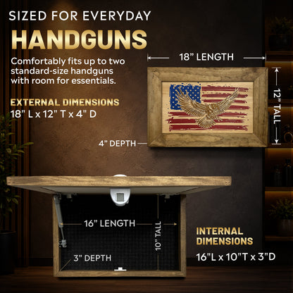 Bellewood Designs - Bald Eagle & American Flag Patriotic Decorative Wall-Mounted Secure Gun Cabinet