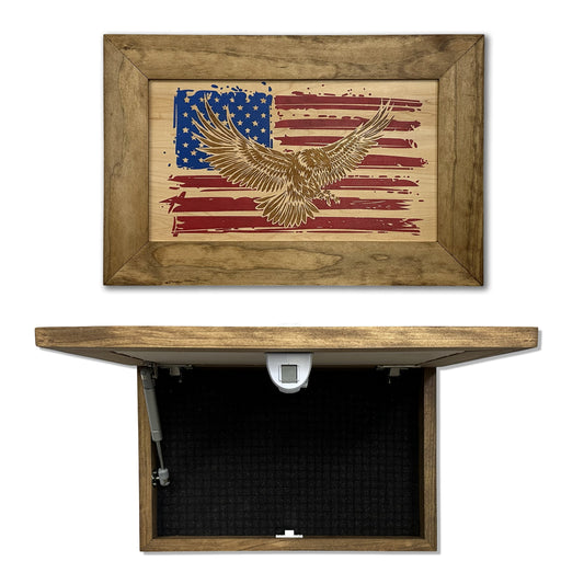 Bellewood Designs - Bald Eagle & American Flag Patriotic Decorative Wall-Mounted Secure Gun Cabinet