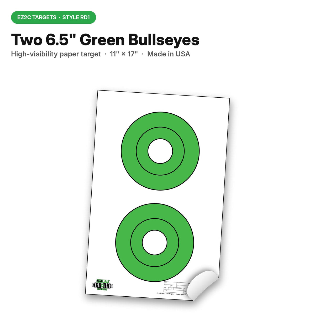 25 EZ2C Targets RD1: Two 6.5" Bullseyes Shooting Paper Targets 11"x17" Pad of 25 USA MADE
