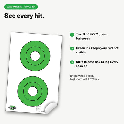 25 EZ2C Targets RD1: Two 6.5" Bullseyes Shooting Paper Targets 11"x17" Pad of 25 USA MADE