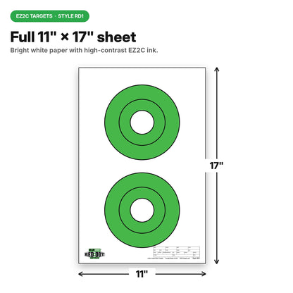 25 EZ2C Targets RD1: Two 6.5" Bullseyes Shooting Paper Targets 11"x17" Pad of 25 USA MADE