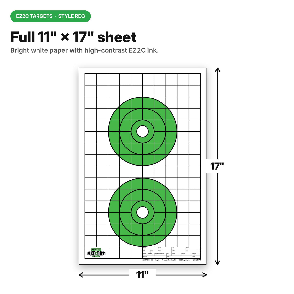 EZ2C Targets RD3: Two 6" Bullseyes Paper Targets 11"x17" USA Made